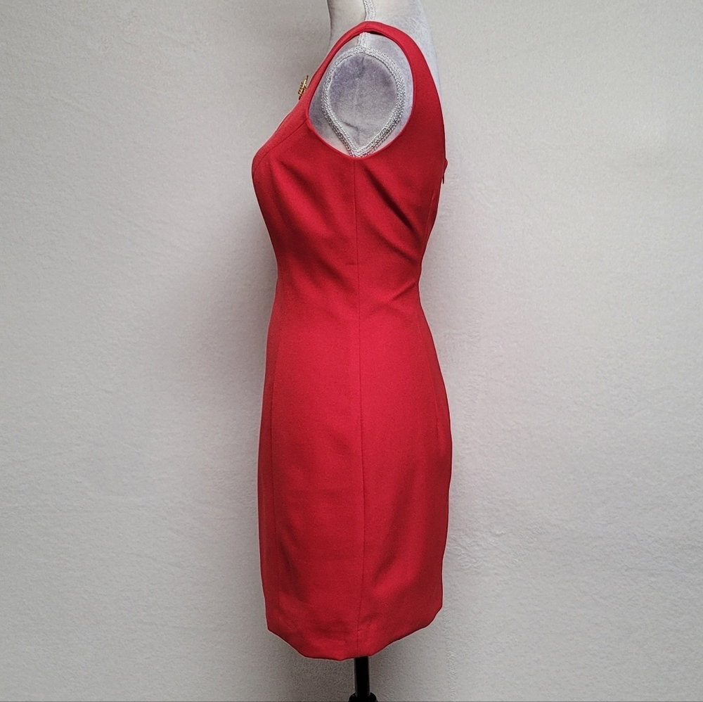 Deborah Laws Vintage Red Crepe Gold Rhinestone Bow Brooch Bodycon Mini Dress 2 - Picture 6 of 11